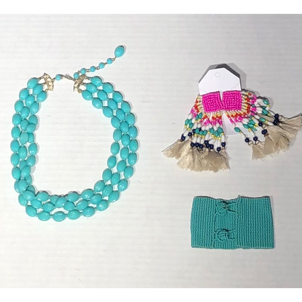 Beaded Turquoise Choker Necklace Cuff Bracelet Earring Set